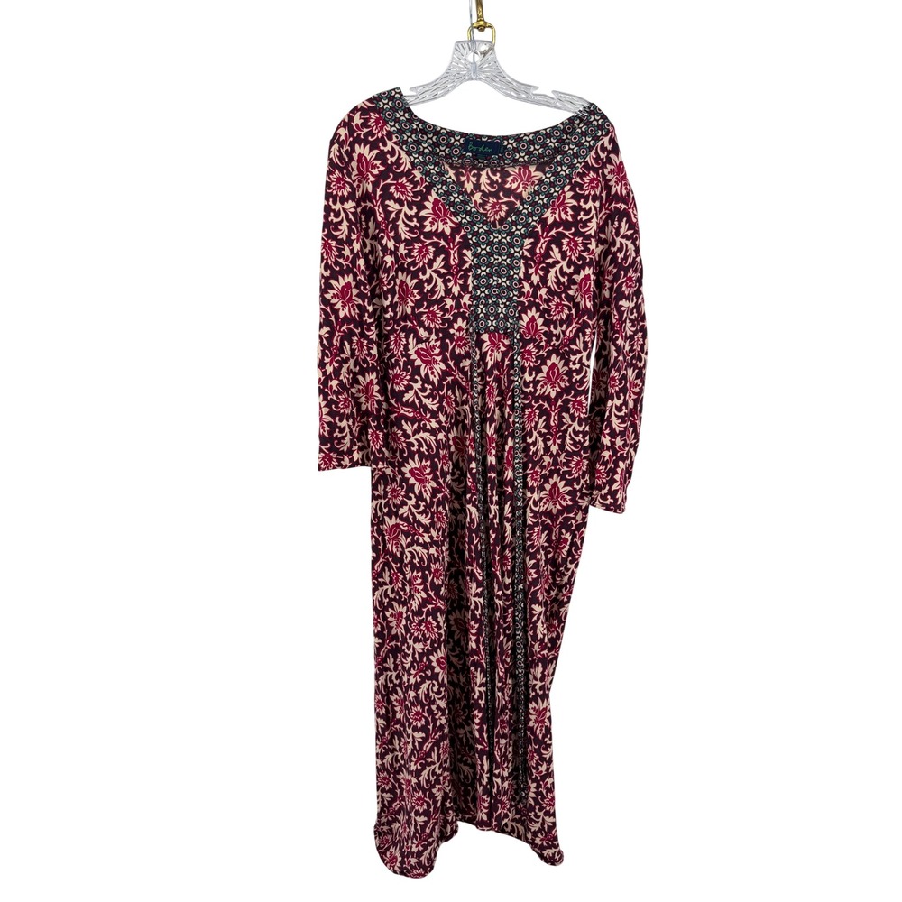 Boden Floral Damask V-Neck Maxi Dress Womens 20L Burgundy Long Sleeve Boho Tile